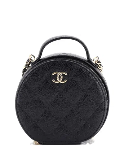 Pre-owned Chanel Handle With Care Round Vanity Case With Chain Quilted Caviar Small Crossbody Bag In Black
