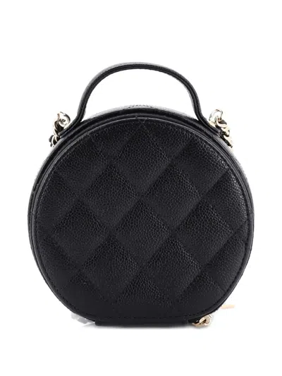 Pre-owned Chanel Handle With Care Round Vanity Case With Chain Quilted Caviar Small Crossbody Bag In Black