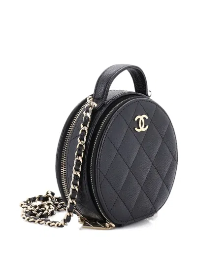 Pre-owned Chanel Handle With Care Round Vanity Case With Chain Quilted Caviar Small Crossbody Bag In Black