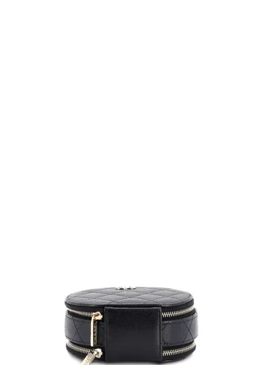 Pre-owned Chanel Handle With Care Round Vanity Case With Chain Quilted Caviar Small Crossbody Bag In Black