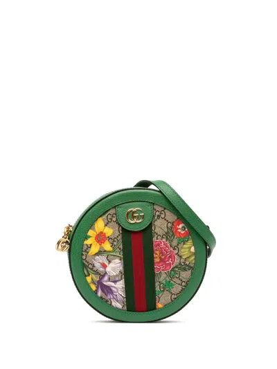 Pre-owned Gucci 2016-2025 Mini Gg Supreme Flora Ophidia Round Crossbody Bag In Brown