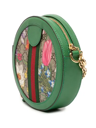 Pre-owned Gucci 2016-2025 Mini Gg Supreme Flora Ophidia Round Crossbody Bag In Brown