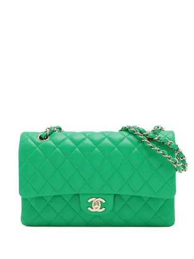 Pre-owned Chanel 2019 Medium Classic Lambskin Double Flap Shoulder Bag In Green