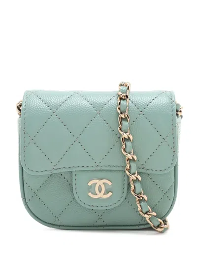 Pre-owned Chanel 2021 Mini Classic Caviar Clutch With Chain Crossbody Bag In Blue