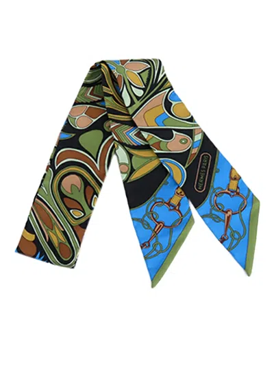 Pre-owned Hermes 20th Century Folklore Silk Twilly Scarf Scarves In Green