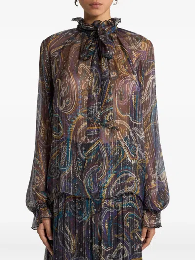Etro Pussy-bow Printed Metallic Silk-crepon Blouse In Black