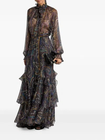 Etro Pussy-bow Printed Metallic Silk-crepon Blouse In Black