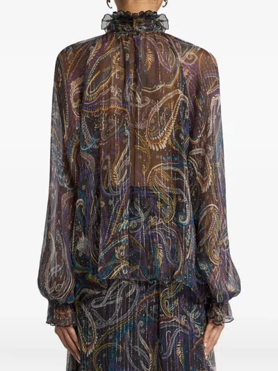 Etro Pussy-bow Printed Metallic Silk-crepon Blouse In Black