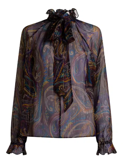 Etro Pussy-bow Printed Metallic Silk-crepon Blouse In Black