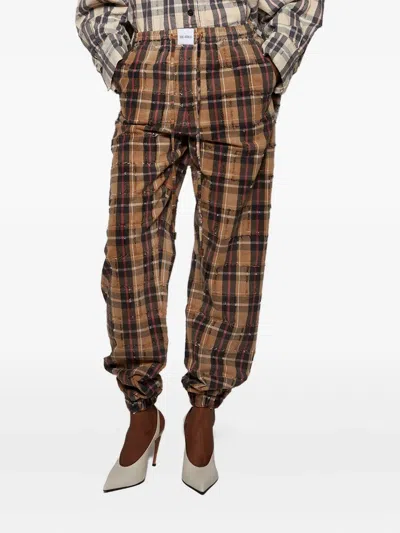 Attico Plaid Drawstring Long Pant In Brown