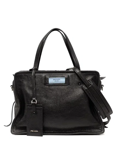 Pre-owned Prada 2016-2025 Glace Calfskin Etiquette Satchel In Black