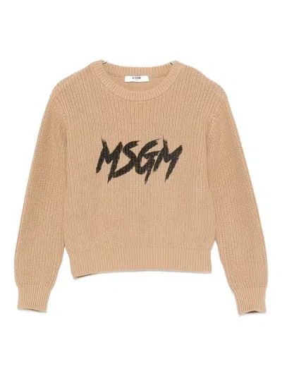 Msgm Logo-print Crew-neck Sweater In Neutral