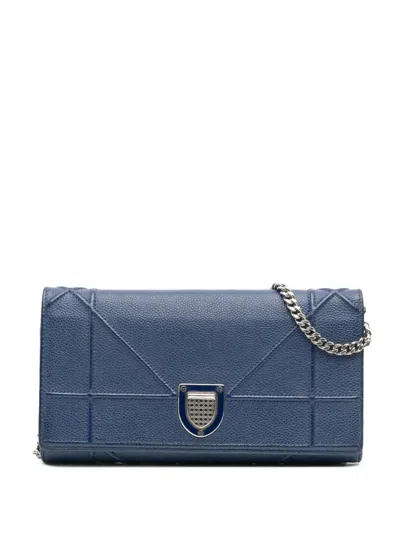 Pre-owned Dior 2016 Grained Calfskin Ama Croisiere Wallet On Chain Crossbody Bag In Blue