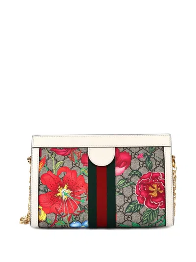 Pre-owned Gucci Ophidia Chain Shoulder Bag Flora Gg Coated Canvas Small Crossbody Bag In Neutral
