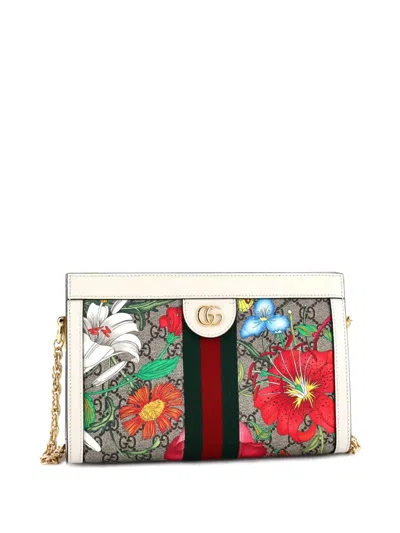 Pre-owned Gucci Ophidia Chain Shoulder Bag Flora Gg Coated Canvas Small Crossbody Bag In Neutral