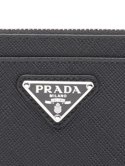Pre-owned Prada 2013-2025 Saffiano Triangle Logo Coin Pouch In Black