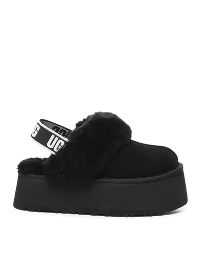 Ugg Black Leather Clog With Faux Fur And Elastic Back  In Black