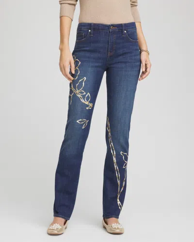 Chico's Sequins Rose Girlfriend Slim-leg Jeans In Medium Wash Denim In Multi