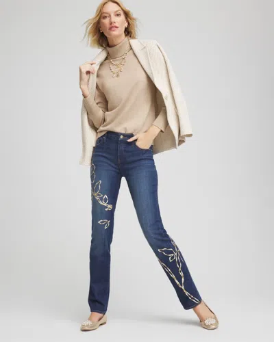 Chico's Sequins Rose Girlfriend Slim-leg Jeans In Medium Wash Denim In Multi