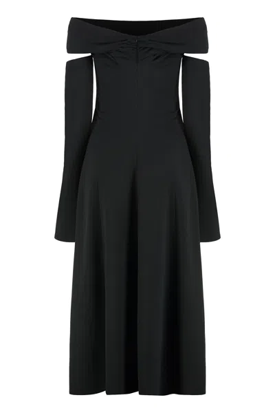 Alberta Ferretti Slightly Stretch Cady Midi Dress With Off-the-shoulder Neckline In Black