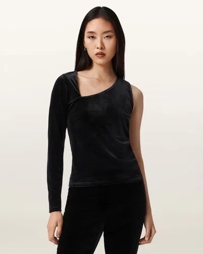 Allsaints Womens Black Ari Asymmetric-neck One-sleeve Stretch-velvet Top In Black