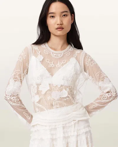 Allsaints Arlea Embroidered Sheer Mesh Top In White