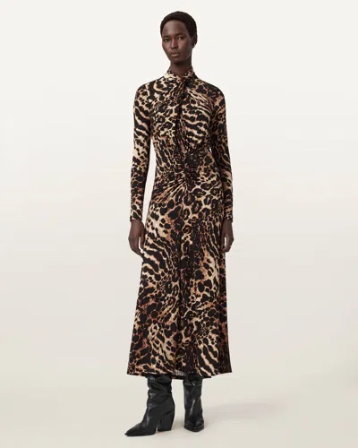 Allsaints Womens Mina Leopard-print Ruched-front Stretch-jersey Midi Dress Pardus Honey B In Multi