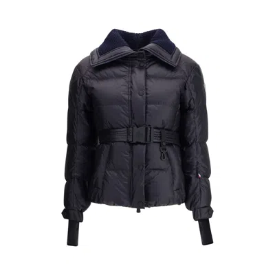 Moncler Puffer Jacket With Belted Waist And High Collar In Blue