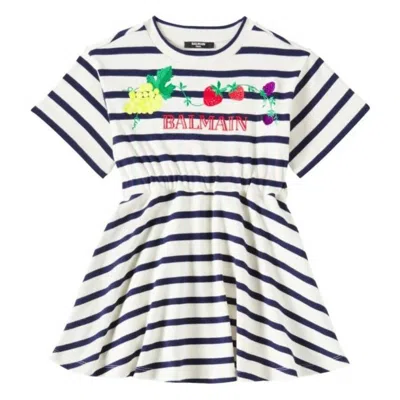 Balmain Kids Fruit Logo Striped Cotton Jersey Dress In Multi