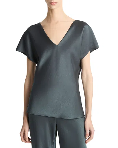 Vince Essential Cap Sleeved V Neck Blouse In Gray