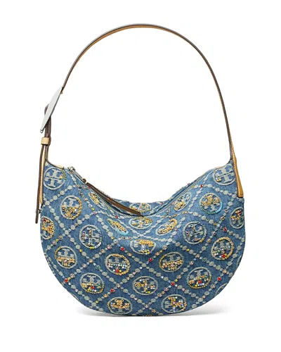 Tory Burch T Monogram Embellished Denim Shoulder Bag In Blue