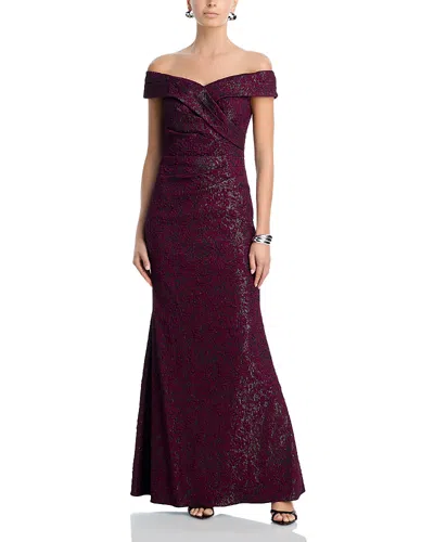 Adrianna Papell Off-the-shoulder Jacquard Gown In Burgundy