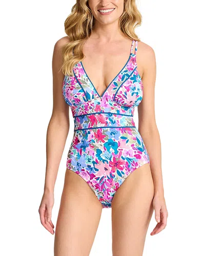 Tommy Bahama Watercolor Floral V Neck One Piece Swimsuit In Blue
