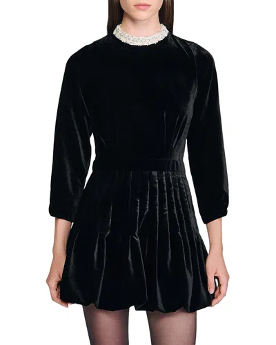 Sandro Beaded Velvet Short Dress In Black