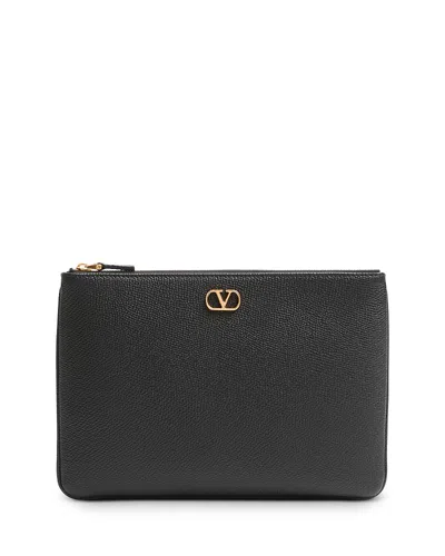 Valentino Medium Vlogo Flat Leather Pouch In Black