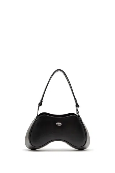 Diesel Curved Leather Handbag With Adjustable Strap In Black