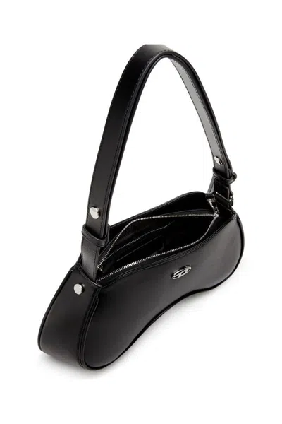 Diesel Curved Leather Handbag With Adjustable Strap In Black