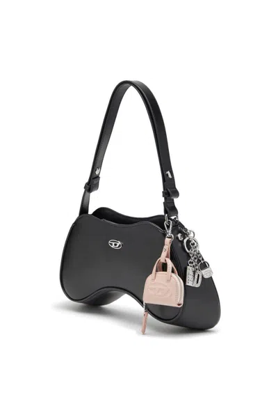 Diesel Curved Leather Handbag With Adjustable Strap In Black