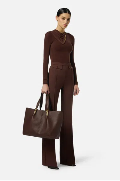 Elisabetta Franchi High-waisted Flared Pants With Decorative Button Details In Brown