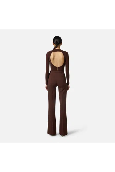 Elisabetta Franchi High-waisted Flared Pants With Decorative Button Details In Brown