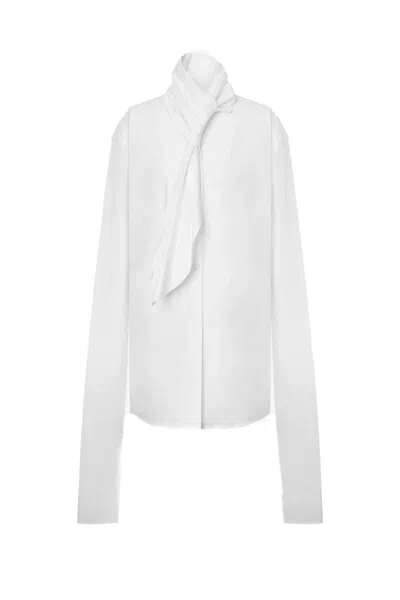 Alberta Ferretti Long Sleeve Collarless Shirt With Scarf Detail In White