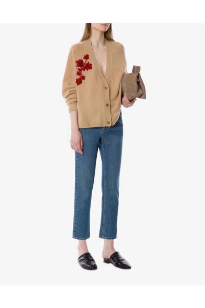 Alberta Ferretti V-neck Long Sleeve Knitwear Embroidered Detail In Neutral