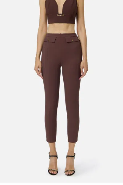 Elisabetta Franchi Straight Stretch Crepe Trousers With Rivet In Brown