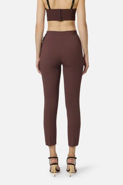 Elisabetta Franchi Straight Stretch Crepe Trousers With Rivet In Brown