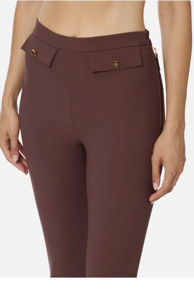 Elisabetta Franchi Straight Stretch Crepe Trousers With Rivet In Brown
