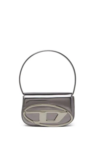 Diesel Oval-d Logo Patent Leather Shoulder Bag In Gray