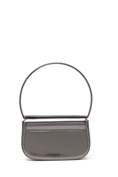 Diesel Oval-d Logo Patent Leather Shoulder Bag In Gray