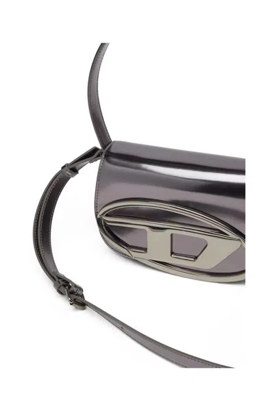 Diesel Oval-d Logo Patent Leather Shoulder Bag In Gray
