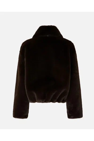 Pinko Cropped Brown Coat With Faux Fur Texture In Brown