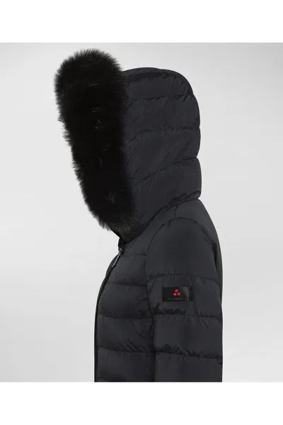 Peuterey Long Down Jacket With High Collar And Fur In Blue